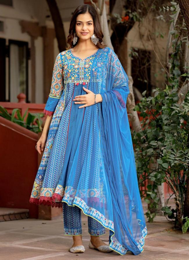 Cotton Sky Blue Party Wear Thread Work Readymade Anarkali Suit